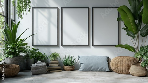 Fototapeta Naklejka Na Ścianę i Meble -  this Home interior with a poster mockup, metal frame, succulents, and a stack of books on a white wall.