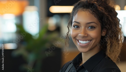 Cheerful customer service representative with a friendly smile in a professional setting photo