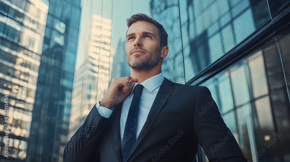 A man in a suit, adjusting his tie, looking up, against a glass building backdrop A man in a suit, adjusting his tie, looking up, against a glass building backdrop