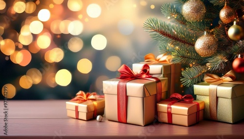 Christmas presents against blurred tree background.