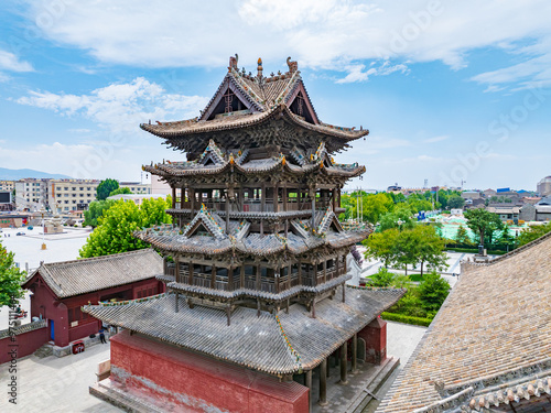 Aerial photography of Feiyun Tower in Wanrong County, Yuncheng City, Shanxi Province in summer photo