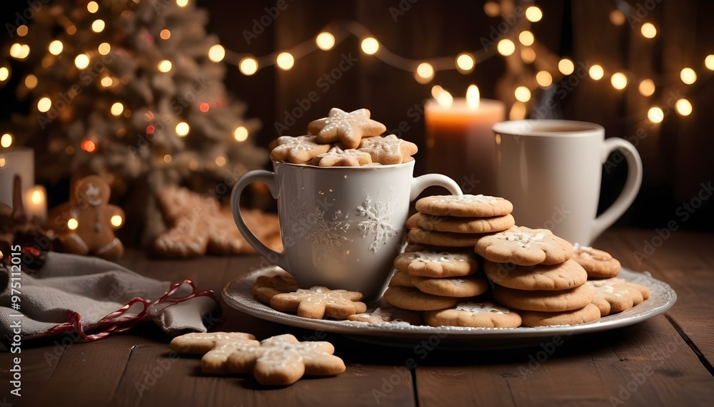Fototapeta premium A plate of Christmas cookies next to a mug of hot chocolate with marshmallows, set on a rustic table. The scene evokes cozy holiday comfort and festive indulgence.