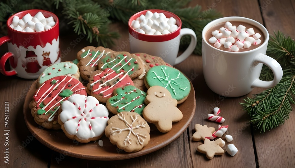 A plate of Christmas cookies next to a mug of hot chocolate with marshmallows, set on a rustic table. The scene evokes cozy holiday comfort and festive indulgence. A plate of Christmas cookies next to a mug of hot chocolate with marshmallows, set on a rustic table. The scene evokes cozy holiday comfort and festive indulgence.