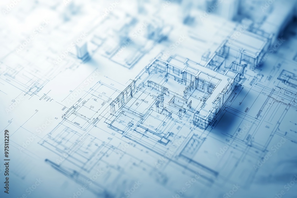Blueprint of a construction project featuring 3d digital architectural drawing style Blueprint of a construction project featuring 3d digital architectural drawing style