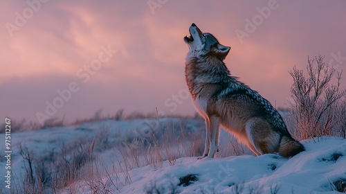 A coyote howls against a colorful twilight sky, surrounded by snow-covered terrain and sparse vegetation. photo