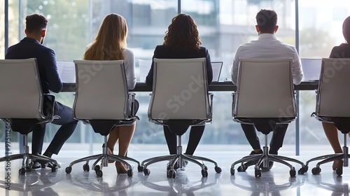 Rear View of Four Business Professionals Sitting in Chairs in a Meeting Room photo