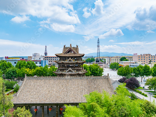 Aerial photography of Feiyun Tower in Wanrong County, Yuncheng City, Shanxi Province in summer photo