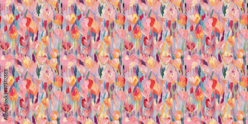 a dreamy and romantic abstract painting pattern of tulips in a style reminiscent of fauvism or early modernism