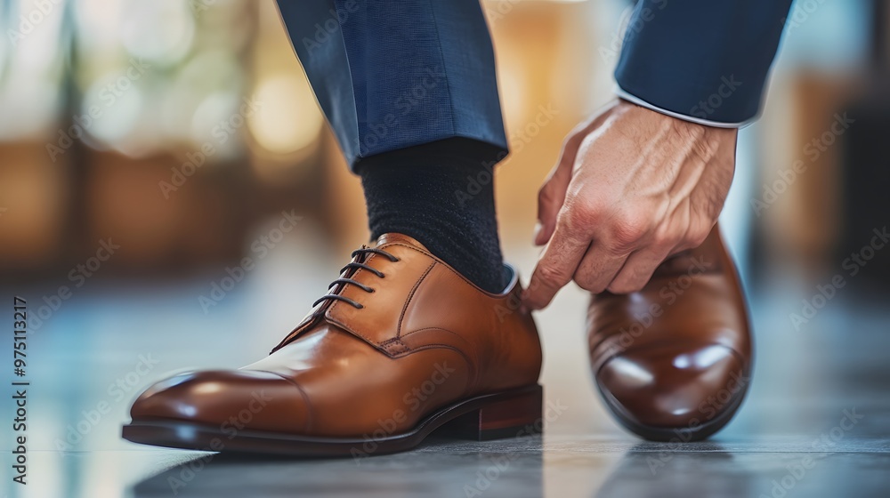 Close-up of Man's Hand Adjusting Brown Leather Shoe Close-up of Man's Hand Adjusting Brown Leather Shoe