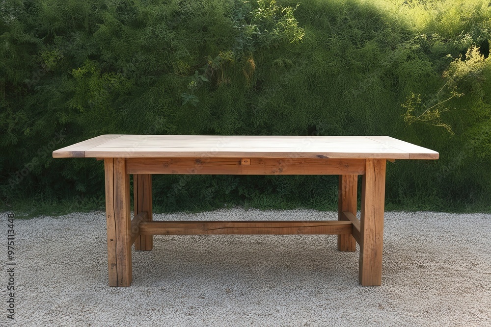 Rustic Wooden Table Outdoor Setting Green Background Rustic Wooden Table Outdoor Setting Green Background