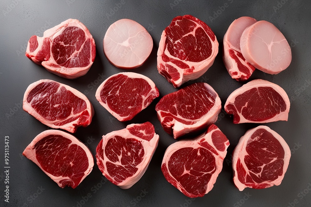 Isolated Raw Steaks Top-Down View Unique Array of Fresh Meat Isolated Raw Steaks Top-Down View Unique Array of Fresh Meat