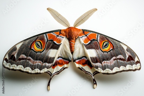 cecropia moth, known for its stunning size and colorful wings, exhibits a mesmerizing array of patterns and hues as it rests gracefully, emphasizing its natural beauty. photo