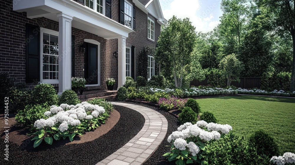 Naklejka premium A brick pathway leads to the front door of a house with a manicured lawn, white flowers, and shrubs.