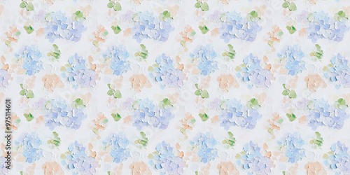 an abstract impressionism painting pattern of hydrangeas on a white background