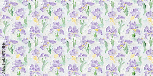 an abstract impressionism painting pattern of irises on a white background