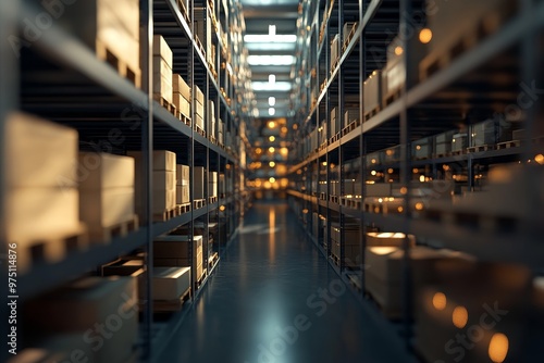 Illuminated warehouse interior rows of boxes in a productive environment with depth and focus