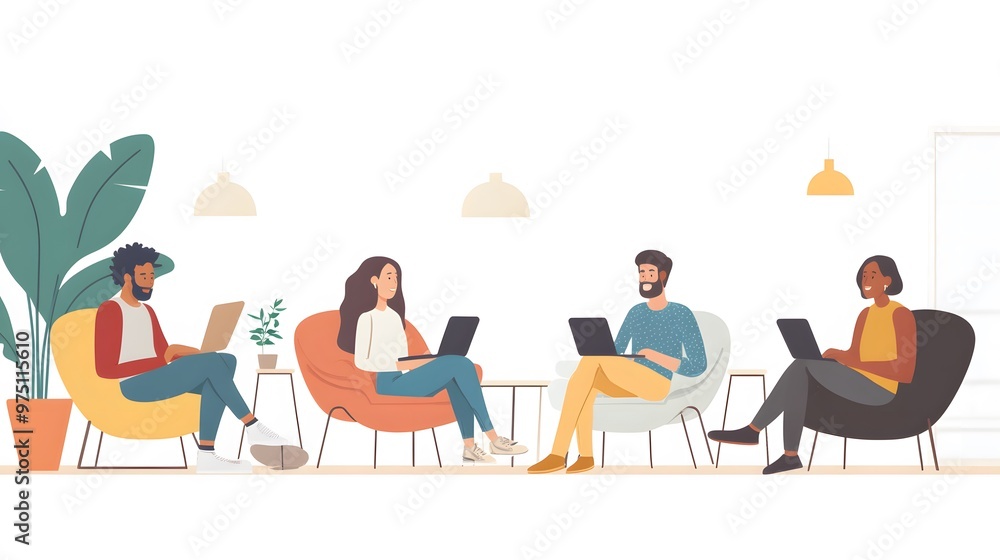 Four Diverse Individuals Working on Laptops in a Modern Office Setting Four Diverse Individuals Working on Laptops in a Modern Office Setting