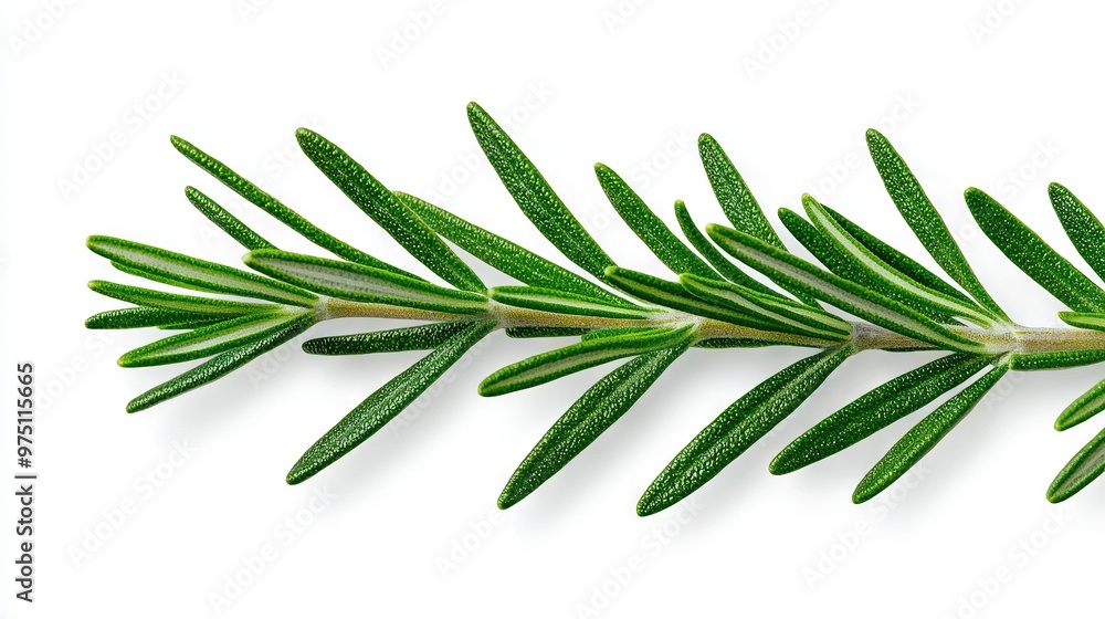 A high-resolution image of a single tree branch, adorned with vibrant green foliage against a crisp white backdrop, with space available for adding A high-resolution image of a single tree branch, adorned with vibrant green foliage against a crisp white backdrop, with space available for adding