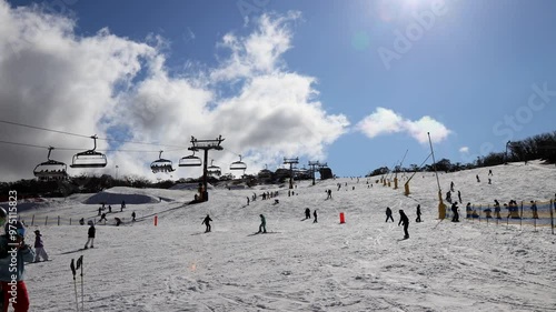 Time lapse fast motion ski resort snow winter sport recreation in Australia snowy mountains Perisher valley.
