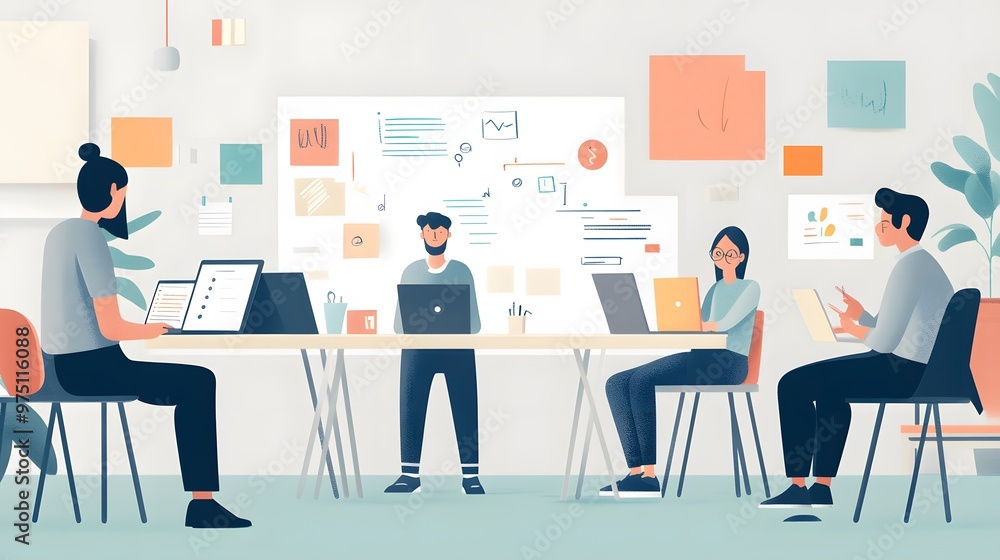 Four People Working Together at a Desk with Laptops Four People Working Together at a Desk with Laptops