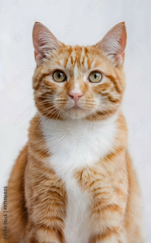 Close-up portrait of an orange tabby cat with white fur and expressive green eyes, against a soft neutral background Close-up portrait of an orange tabby cat with white fur and expressive green eyes, against a soft neutral background