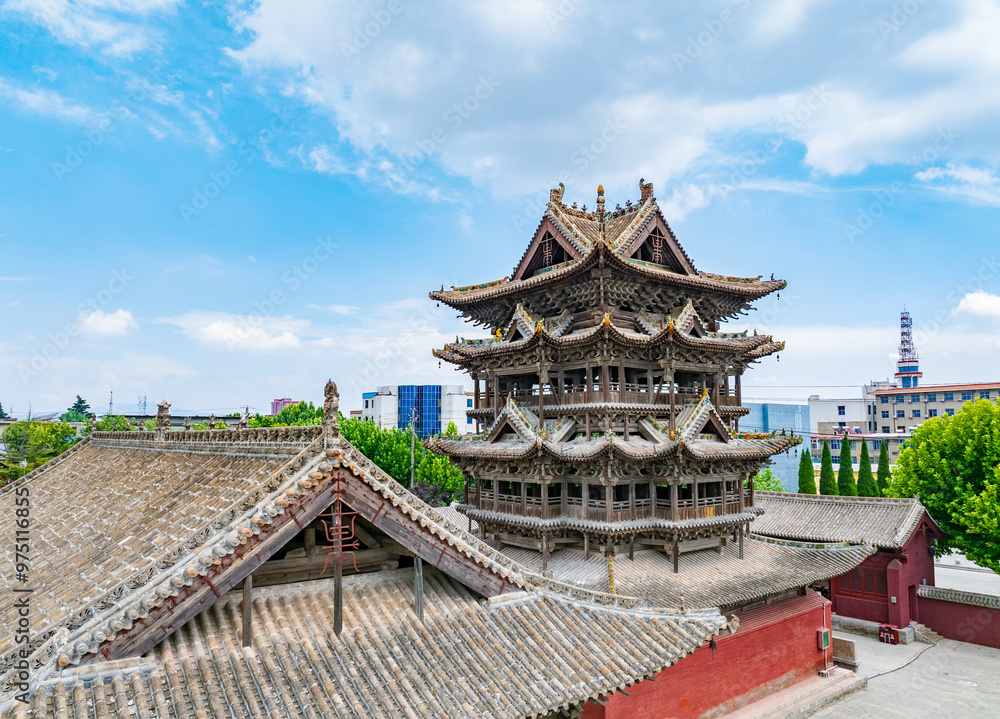 Aerial photography of Feiyun Tower in Wanrong County, Yuncheng City, Shanxi Province in summer Aerial photography of Feiyun Tower in Wanrong County, Yuncheng City, Shanxi Province in summer
