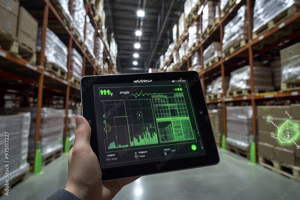 Person holding tablet with data visualizations in active warehouse surrounded by stacked goods Person holding tablet with data visualizations in active warehouse surrounded by stacked goods