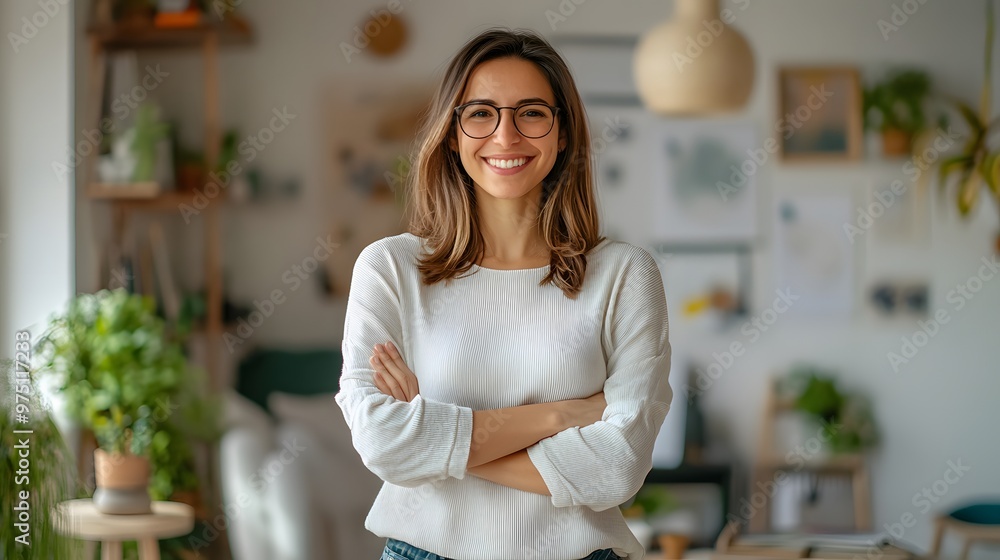 Portrait of a Smiling Woman with Arms Crossed in a Home Setting Portrait of a Smiling Woman with Arms Crossed in a Home Setting