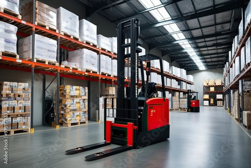 Retail Warehouse with Shelves of Goods, Pallets, and Forklifts in Logistics and Transportation Setting