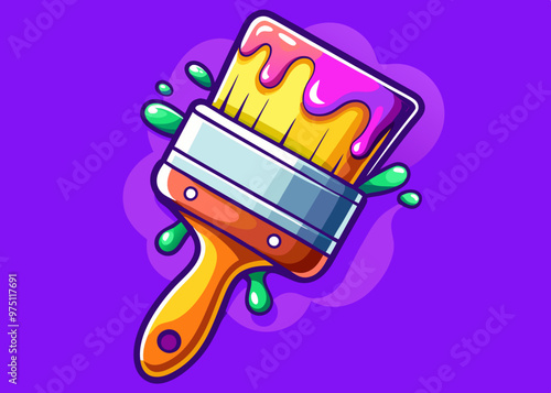 cartoon vector illustration of paint brush, purple isolated background, colorful color