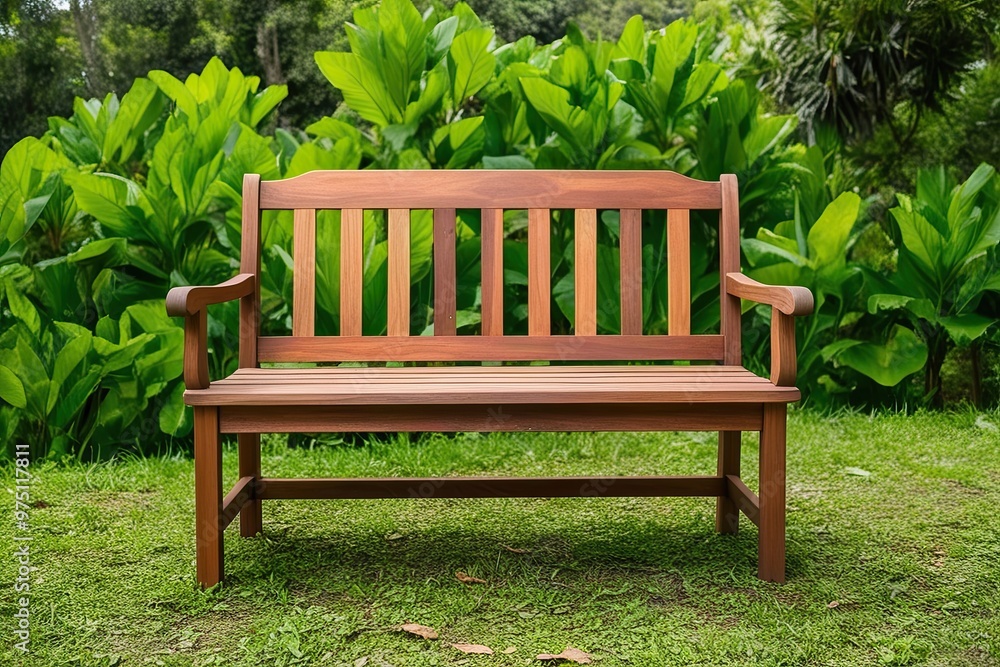 Classic Wooden Bench Set Against a Verdant Green Backdrop in Nature Classic Wooden Bench Set Against a Verdant Green Backdrop in Nature