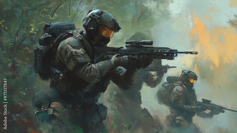 A group of soldiers in camouflage gear and helmets with rifles in hand, moving through a dense forest with smoke and foliage in the background. A group of soldiers in camouflage gear and helmets with rifles in hand, moving through a dense forest with smoke and foliage in the background.