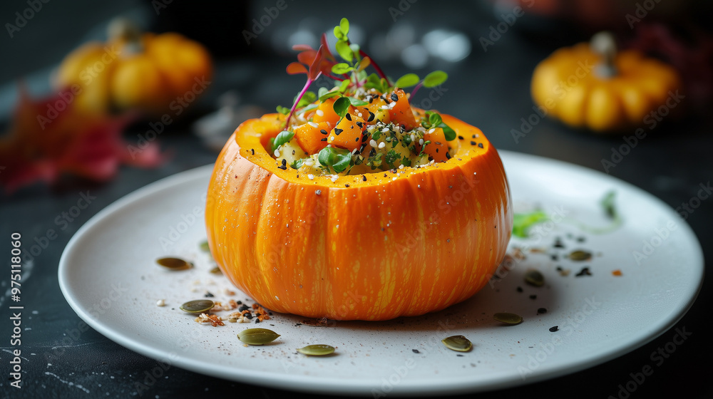 Stuffed pumpkin with seeds and greens served on white plate for Thanksgiving celebration Stuffed pumpkin with seeds and greens served on white plate for Thanksgiving celebration