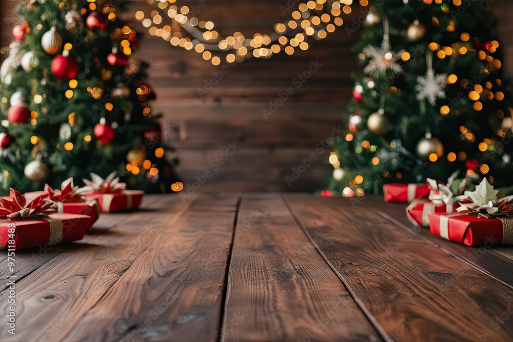 Lively Bokeh Background with Spacious Wooden Table and Festive Seasonal Decor Lively Bokeh Background with Spacious Wooden Table and Festive Seasonal Decor
