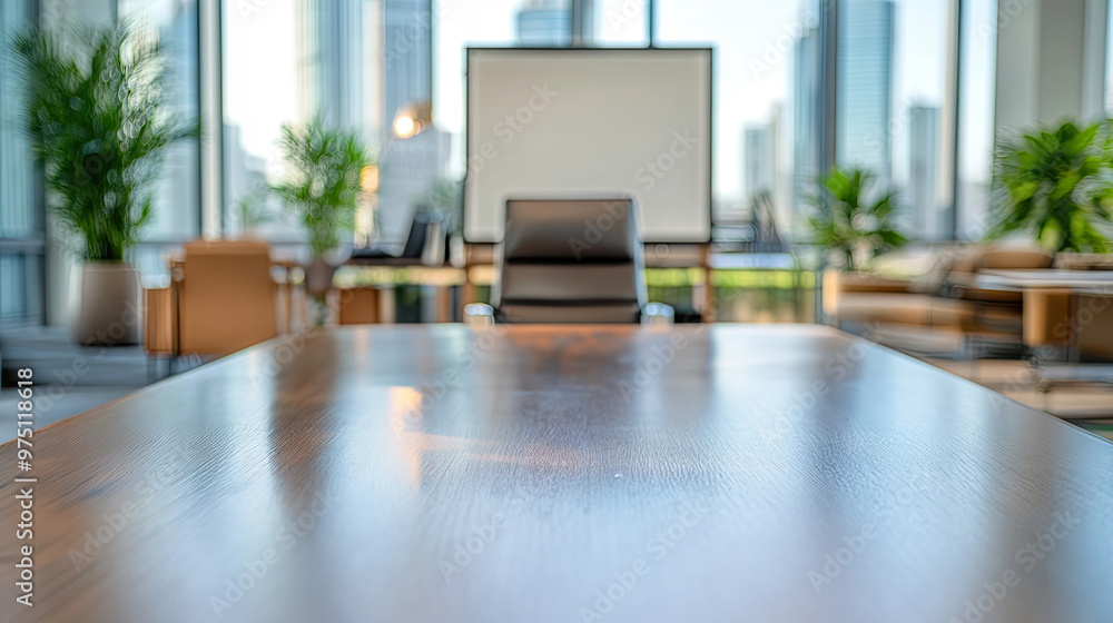 A sleek, modern office conference room featuring a large wooden table, leather chair, projector screen, and plants with city views. A sleek, modern office conference room featuring a large wooden table, leather chair, projector screen, and plants with city views.