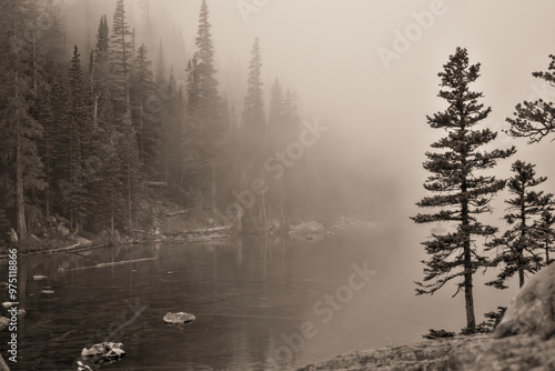 Moody lake in the mist