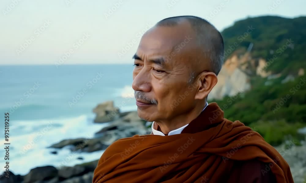 A man from a Zen monastery, with a clean-shaven head and dressed in a simple gray robe, sits in the lotus position