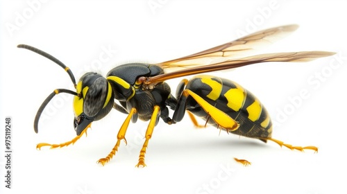 hornet stands poised on its legs, showcasing its impressive wings and dangerous stinger, while its distinctive yellow and black body contrasts sharply against a clean white background.