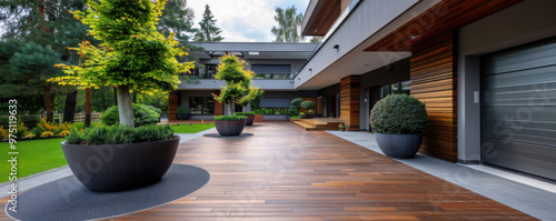 A modern house exterior with a spacious wooden patio, large planters, and well-maintained landscaping, representing luxury and contemporary design. photo