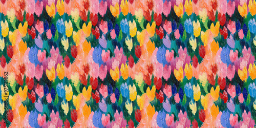 an abstract painting pattern of tulips in a style reminiscent of fauvism or early modernism