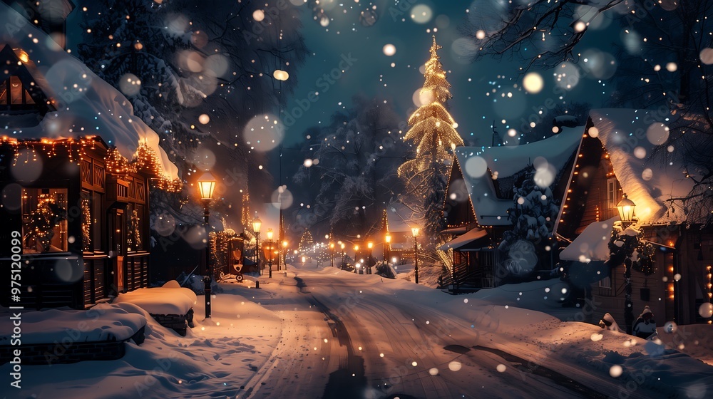 Snowy Christmas Town at Night with Decorated Christmas Tree Snowy Christmas Town at Night with Decorated Christmas Tree