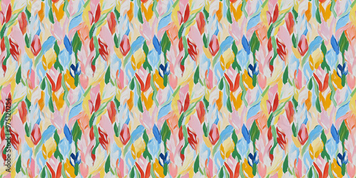 an abstract painting pattern of tulips, soft pastel colors including pink, red, orange, yellow, light green, green, light blue and blue, on a white background