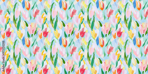 an abstract painting pattern of tulips, soft pastel colors including pink, red, orange, yellow, light green, green, light blue and blue, on a white background