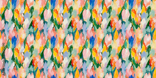 an abstract painting pattern of tulips, soft pastel colors including pink, red, orange, yellow, light green, green, light blue and blue, on a white background