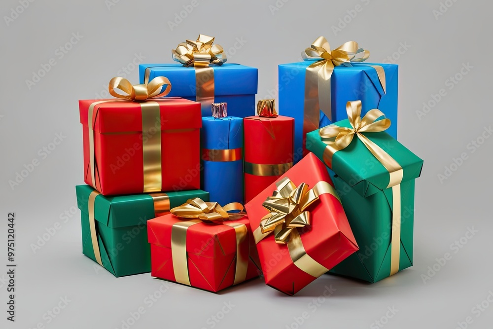 Vibrant Gift Wrapped Presents in Red Blue Green with Gold Ribbons on Isolated Background Vibrant Gift Wrapped Presents in Red Blue Green with Gold Ribbons on Isolated Background