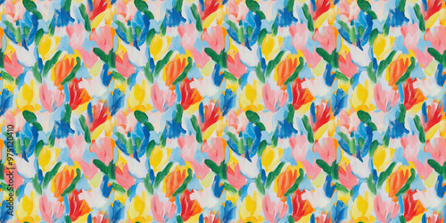 an abstract painting pattern of tulips, soft pastel colors including pink, red, orange, yellow, light green, green, light blue and blue
