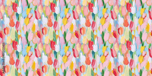an abstract painting pattern of tulips, soft pastel colors including pink, red, orange, yellow, light green, green, light blue and blue
