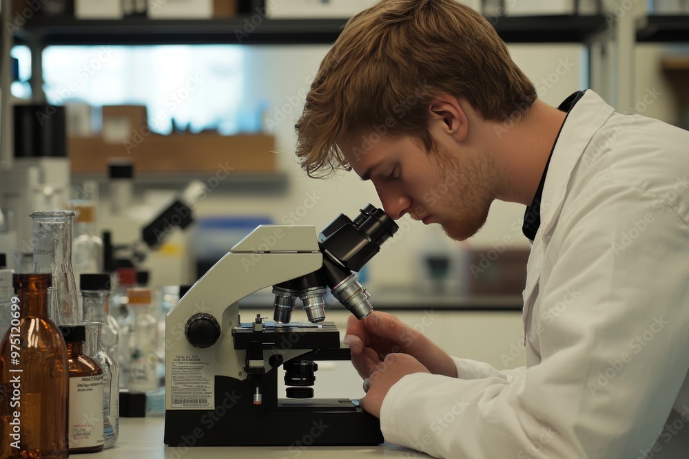 Science researcher examining specimens under microscope surrounded by laboratory equipment Science researcher examining specimens under microscope surrounded by laboratory equipment