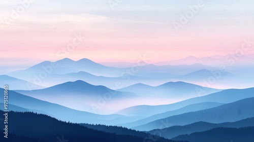 Mountain landscape with mist and pastel sky, serene nature concept