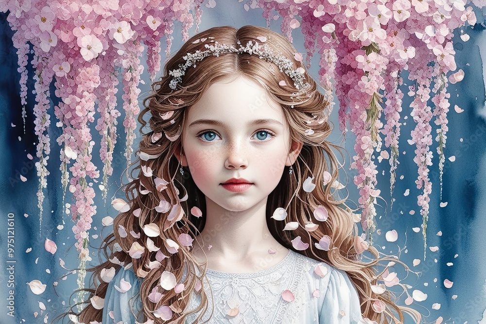 Stunning Portrait of a Girl Enveloped in Flowing Petals in Ethereal Watercolor Style Stunning Portrait of a Girl Enveloped in Flowing Petals in Ethereal Watercolor Style